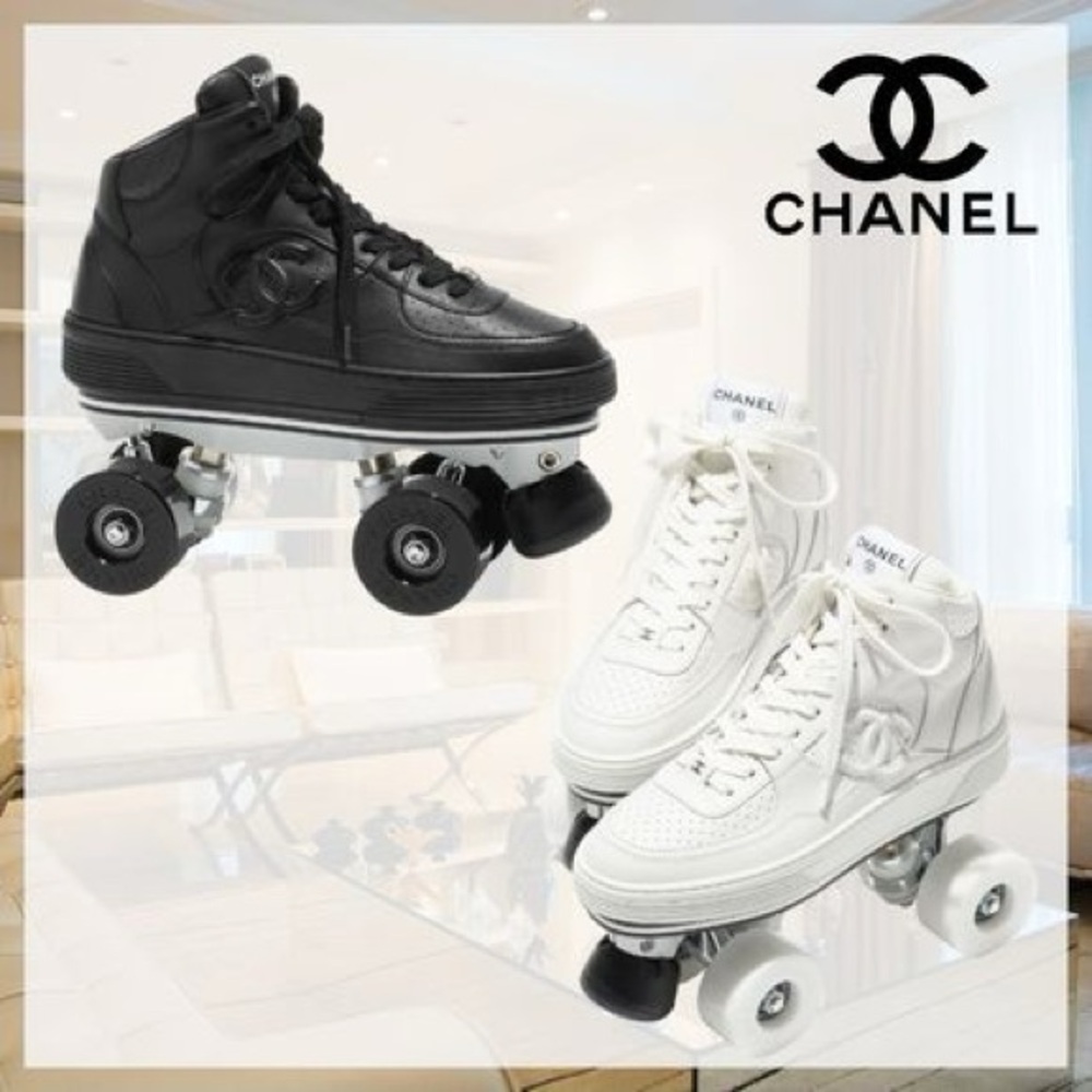 CHANEL Black Hightop Shoes with Roller Skate Attachment sz 37.5